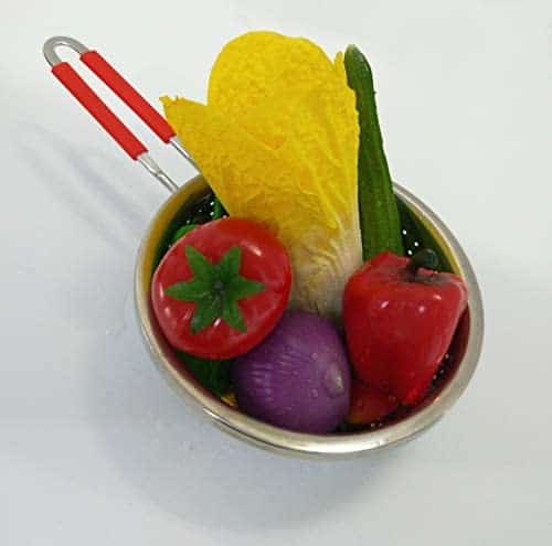 stainless steel colander with red long handle