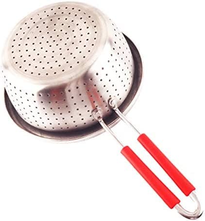 stainless steel colander with red long handle
