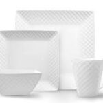 16pc Stylish White Porcelain Square Dinnerware Set - Dinner Plate, Side plate, Soup bowl and Cups for Homes, Hotels and Restaurants