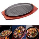 Cast iron Oval Sizzling Plate with Wooden Platter for Hotels and Restaurants