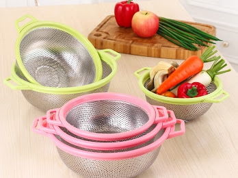 3pcs Stainless Steel Round Mesh Strainer with Plastic Rim and Handle for Homes, Hotels and Restaurants