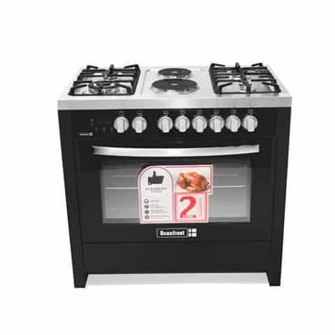 Scanfrost 4-Burner Gas Cooker with Gas Oven, Grill, 2 Electric Plate, and Full Auto Ignition, Matte Black 90x60cm - SFC9423B for Homes, Hotels, and Restaurants