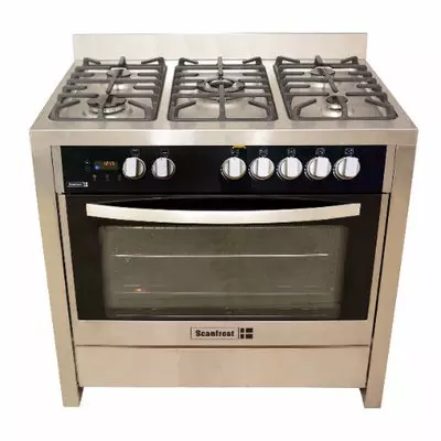 Scanfrost 5-Burner Gas Cooker with Gas Oven, Grill,1 Wok, and Full Auto Ignition, Inox Finish 90x60cm - SFC9502SS for Homes, Hotels, and Restaurants