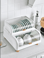 2 Tier Stylish Durable Plate Rack with Cover, White for Homes, Hotels, and Restaurants