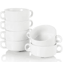 White Porcelain Soup Bowl with 2 Handles 6pcs for Homes, Hotels, and Restaurants