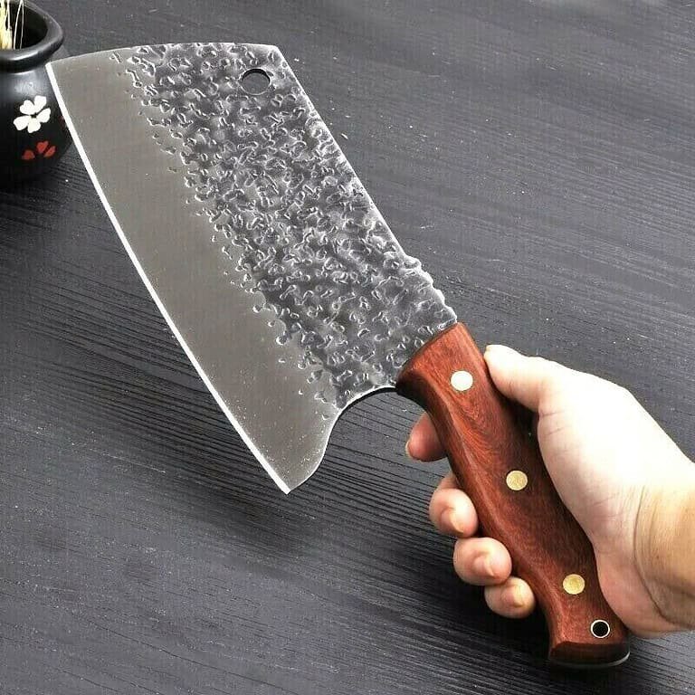 Hammered Stainless Steel Heavy Duty Cleaver with Wooden Handle for Homes, Hotels, and Restaurants