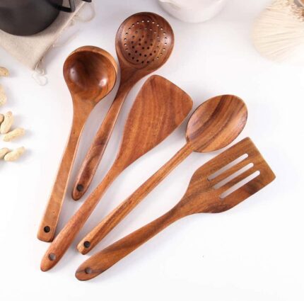 Natural Teak Wooden Spoon Set 6pcs for Homes, Hotels, and Restaurants