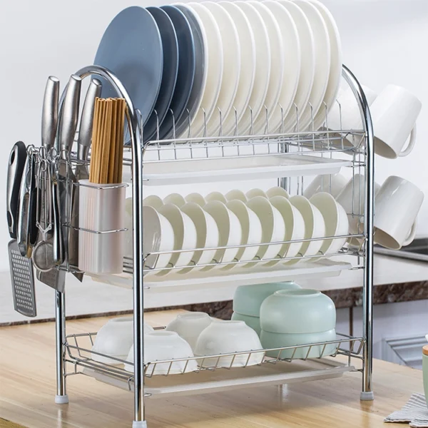 Heavy-duty, Multi-Function 3 tier dish rack with Drain Board - Stainless Steel