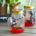 Smoothie and Juice Drinking Jar with Handle, Fancy Metal Lid, and Straw Hole for Homes, Hotels, and Restaurants