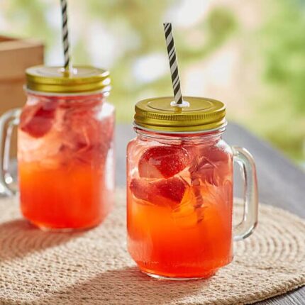 Smoothie and Juice Drinking Jar with Handle, Fancy Metal Lid, and Straw Hole for Homes, Hotels, and Restaurants