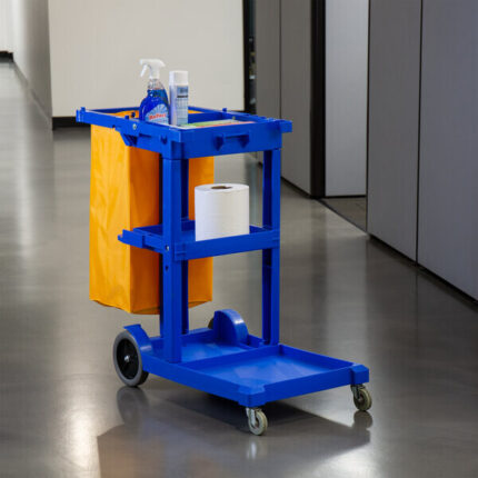 3-Shelf Janitor Cart with Yellow Vinyl Bag Blue for Homes, Hotels, and Restaurants