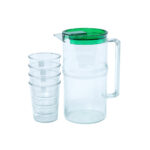 Acrylic Transparent Water Jug with 4pcs Cups, and Green lid, Red lid, Yellow lid, Blue lid, Purple lid, Pink lid for Homes, Hotels, and Restaurants