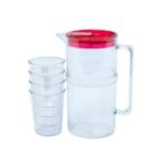 Acrylic Transparent Water Jug with 4pcs Cups, and Green lid, Red lid, Yellow lid, Blue lid, Purple lid, Pink lid for Homes, Hotels, and Restaurants