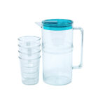 Acrylic Transparent Water Jug with 4pcs Cups, and Green lid, Red lid, Yellow lid, Blue lid, Purple lid, Pink lid for Homes, Hotels, and Restaurants