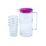 Acrylic Transparent Water Jug with 4pcs Cups, and Green lid, Red lid, Yellow lid, Blue lid, Purple lid, Pink lid for Homes, Hotels, and Restaurants