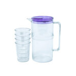 Acrylic Transparent Water Jug with 4pcs Cups, and Green lid, Red lid, Yellow lid, Blue lid, Purple lid, Pink lid for Homes, Hotels, and Restaurants