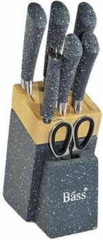 Bass Knife Set with Stand, 8 Pieces, Grey for Homes, Hotels, and Restaurants