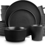 Matte Black Stoneware Dinnerware, 16pcs, Porcelain for Homes, Hotels, and Restaurants