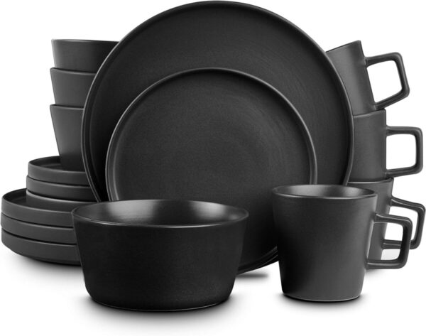 Matte Black Stoneware Dinnerware, 16pcs, Porcelain for Homes, Hotels, and Restaurants