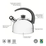 Tramontina Whistling kettle with Black Handle, Stainless Steel, 3ply, 2.1 Litres for Homes, Hotels, and Restaurants