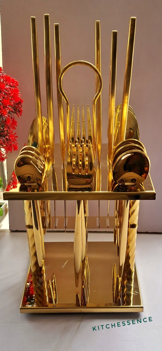 Gold 24pcs set of cutlery with gold stand