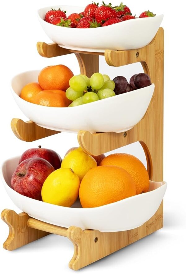 3 tier ceramic fruit and desert display with bamboo stand