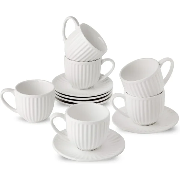 6-Piece Embossed White Teacup and Saucer Set