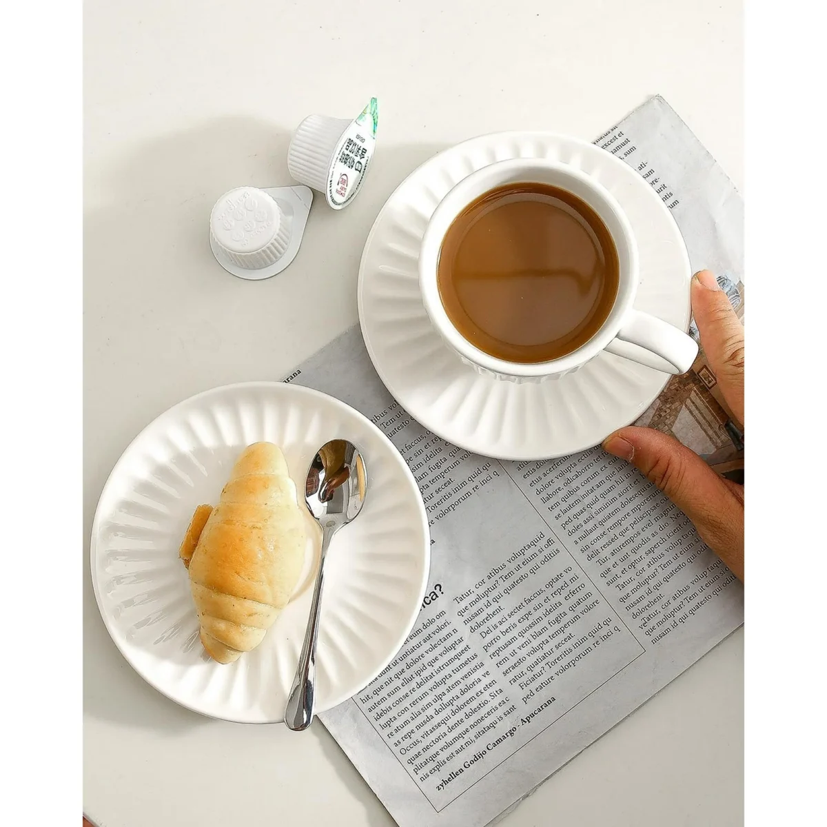 6-Piece Embossed White Teacup and Saucer Set