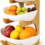 3-Tier Ceramic Fruit and Dessert Display with Bamboo Stand – A Stylish Centerpiece for Every Occasion