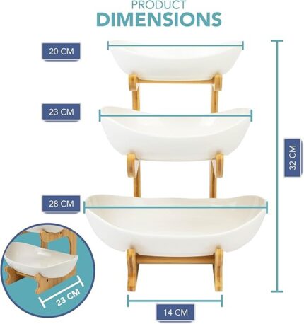 3-Tier Ceramic Fruit and Dessert Display with Bamboo Stand – A Stylish Centerpiece for Every Occasion