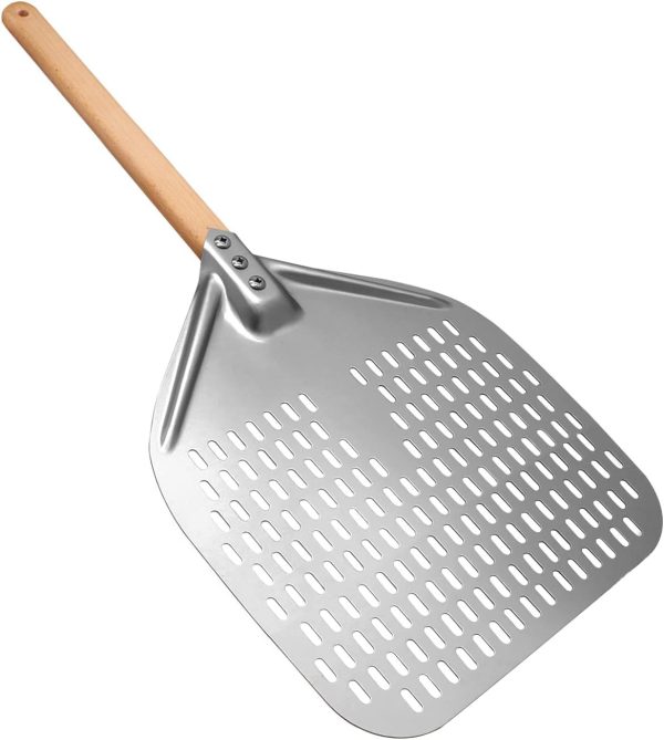 Aluminum Pizza Peel 16x18 – Perforated, Wooden Handle 32in