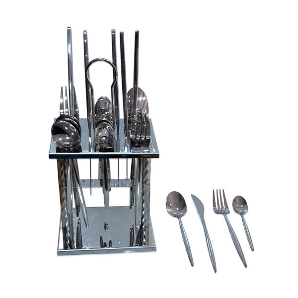24pcs Silver Cutlery Set with Rotating Stand – Elegant & Durable