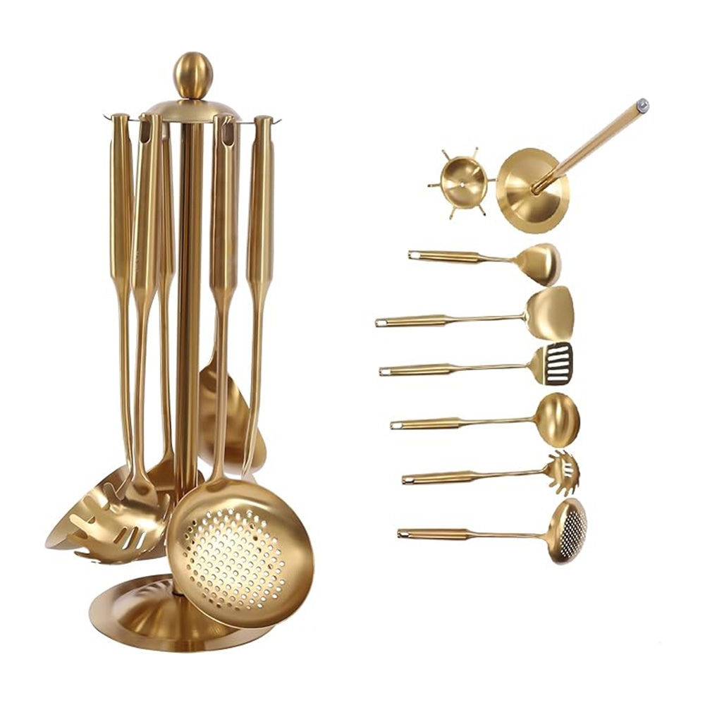 Matte Gold Cooking Utensil Set with Stand – For Homes & Hotels Matte Gold Cooking Utensil Set with Stand – For Homes & Hotels
