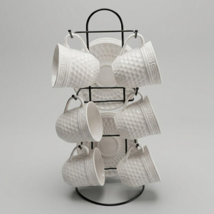 Embossed White Coffee Cup Set with Stand – 13pcs for Homes & Cafés