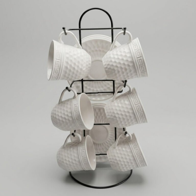Embossed White Coffee Cup Set with Stand – 13pcs for Homes & Cafés
