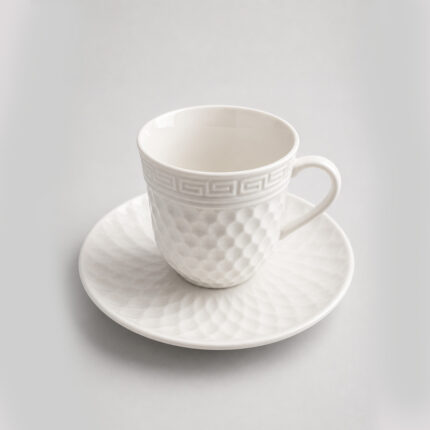 Embossed White Coffee Cup Set with Stand – 13pcs for Homes & Cafés i
